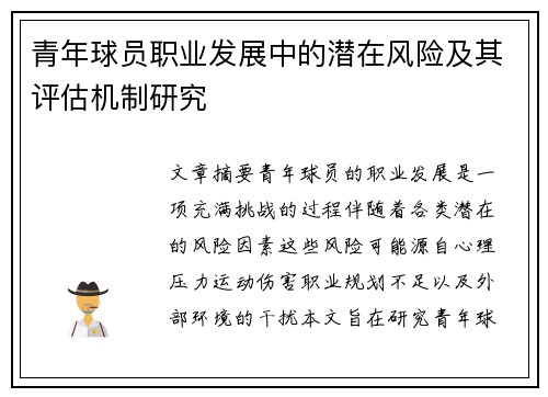 青年球员职业发展中的潜在风险及其评估机制研究 青年球员职业发展中的潜在风险及其评估机制研究