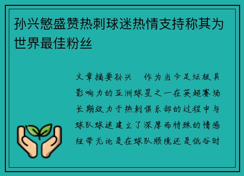 孙兴慜盛赞热刺球迷热情支持称其为世界最佳粉丝 孙兴慜盛赞热刺球迷热情支持称其为世界最佳粉丝