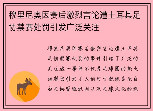 穆里尼奥因赛后激烈言论遭土耳其足协禁赛处罚引发广泛关注 穆里尼奥因赛后激烈言论遭土耳其足协禁赛处罚引发广泛关注