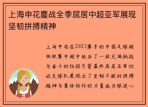 上海申花鏖战全季屈居中超亚军展现坚韧拼搏精神 上海申花鏖战全季屈居中超亚军展现坚韧拼搏精神